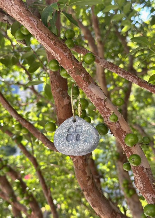 Decorative ornament with paw print hanging from a tree branch