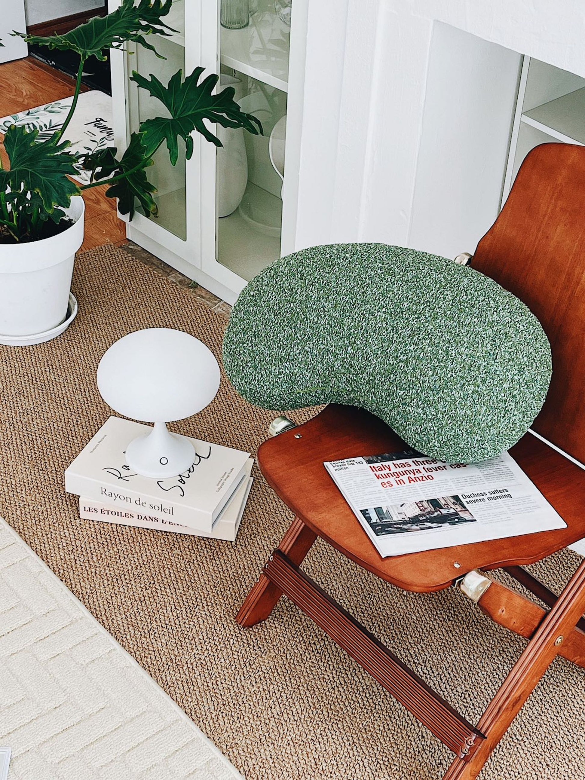 Green cushion on a wooden chair with a book and plant in the background
