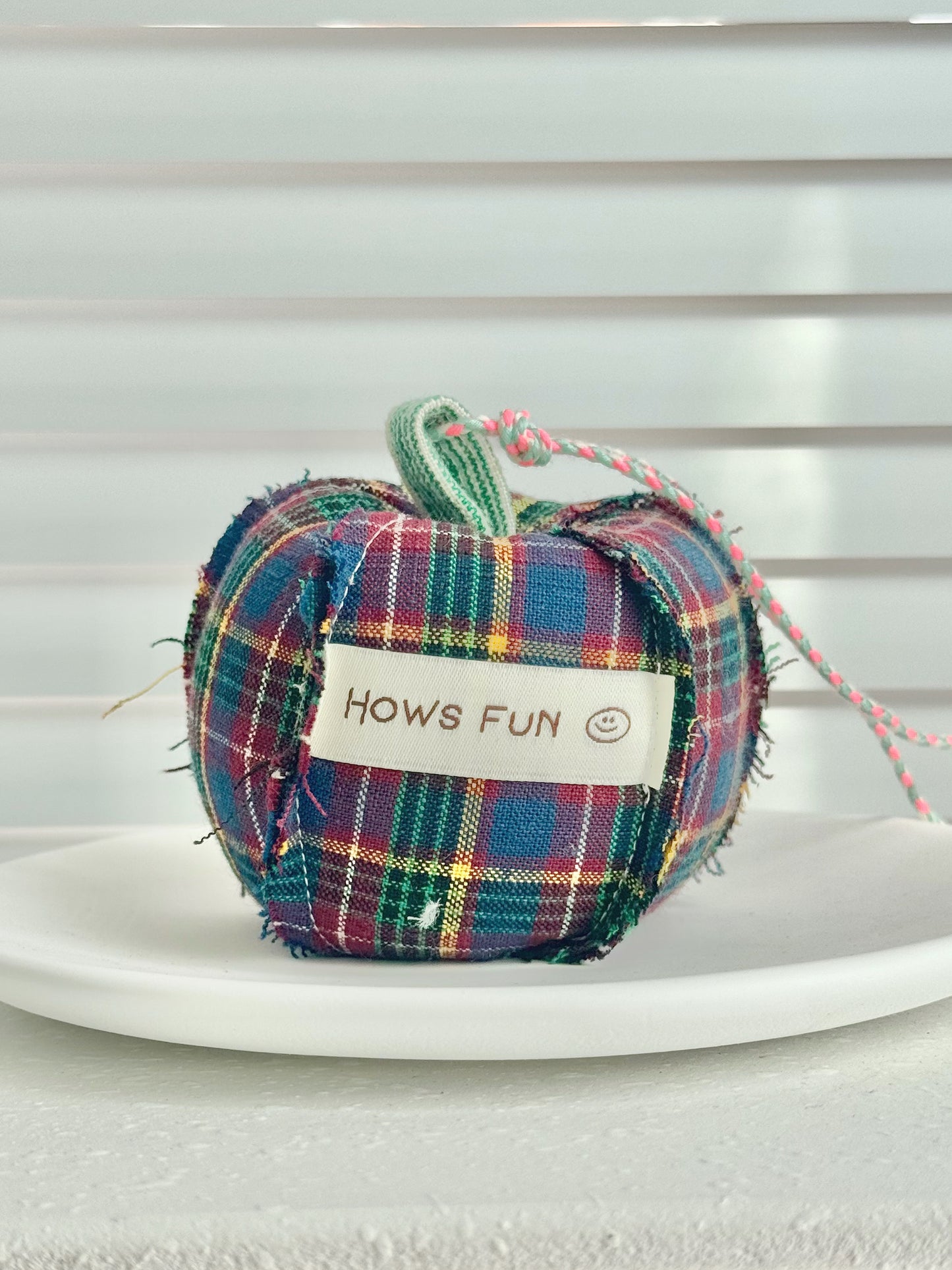Plaid fabric heart with 'Hows Fun' label on a white plate