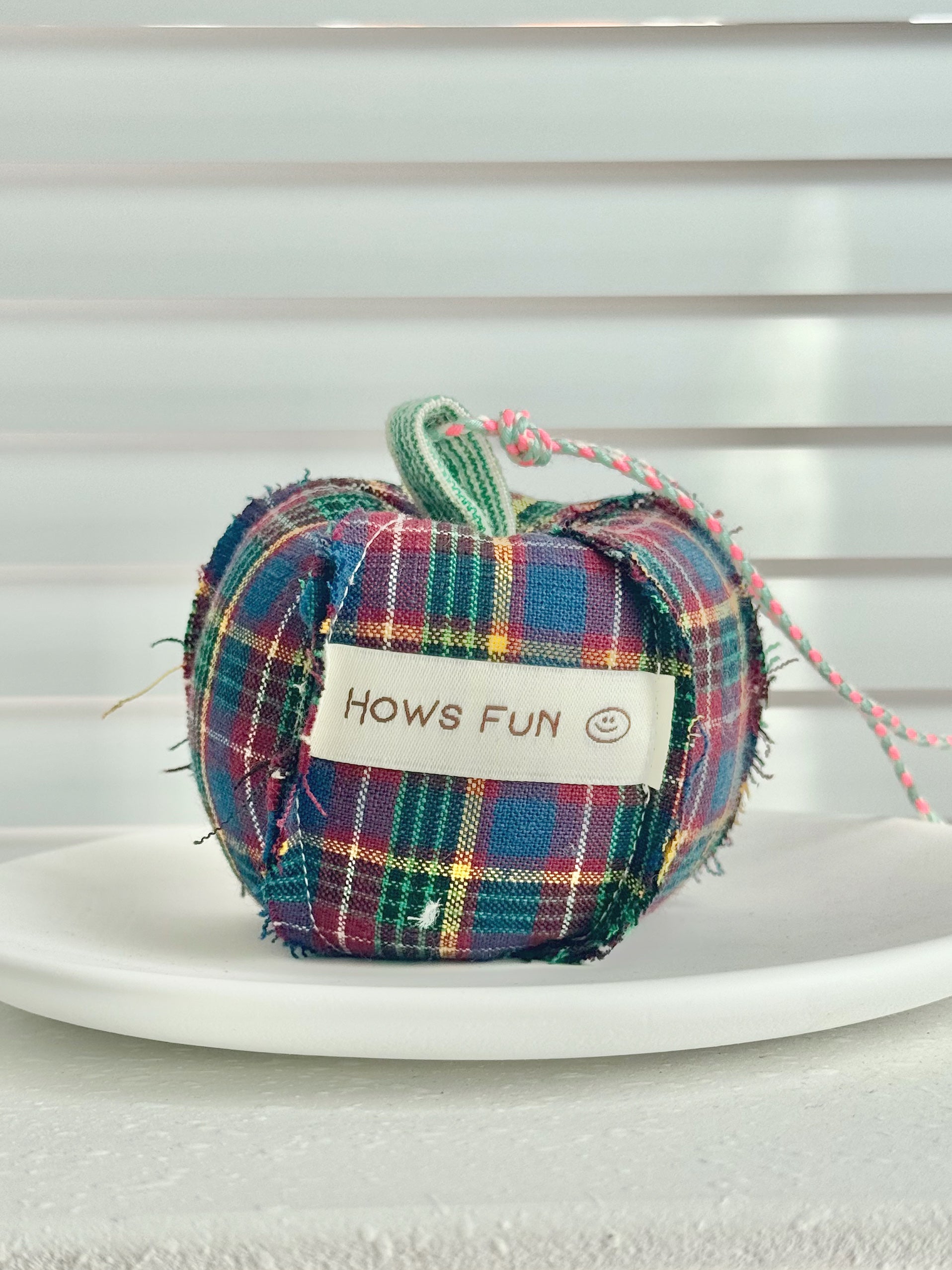Plaid fabric heart with 'Hows Fun' label on a white plate