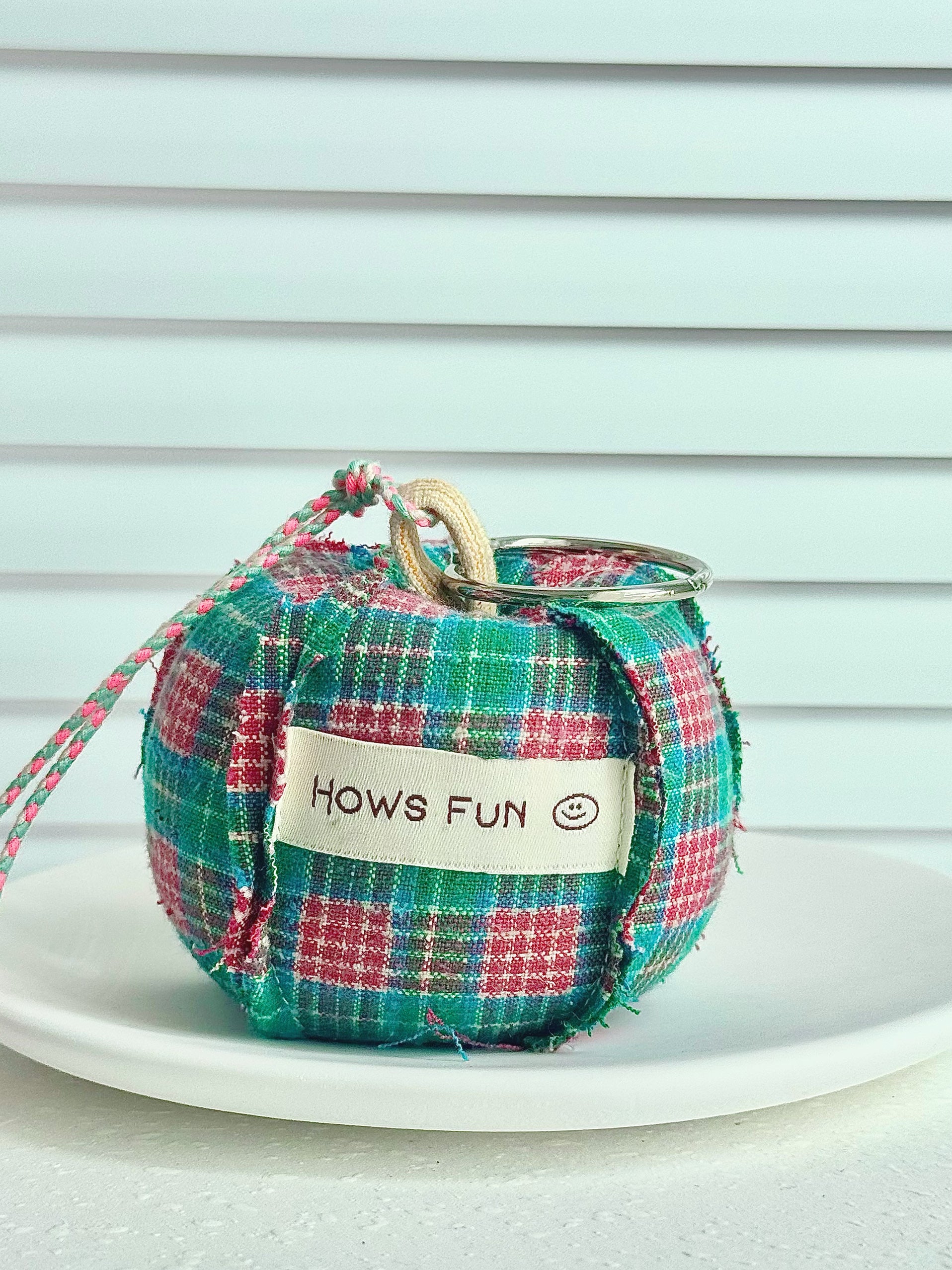 Plaid fabric ball with 'HOWS FUN' label on a white plate against a light blue background