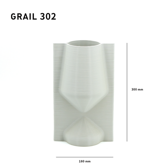 White vase with ribbed texture and measurements on a white background
