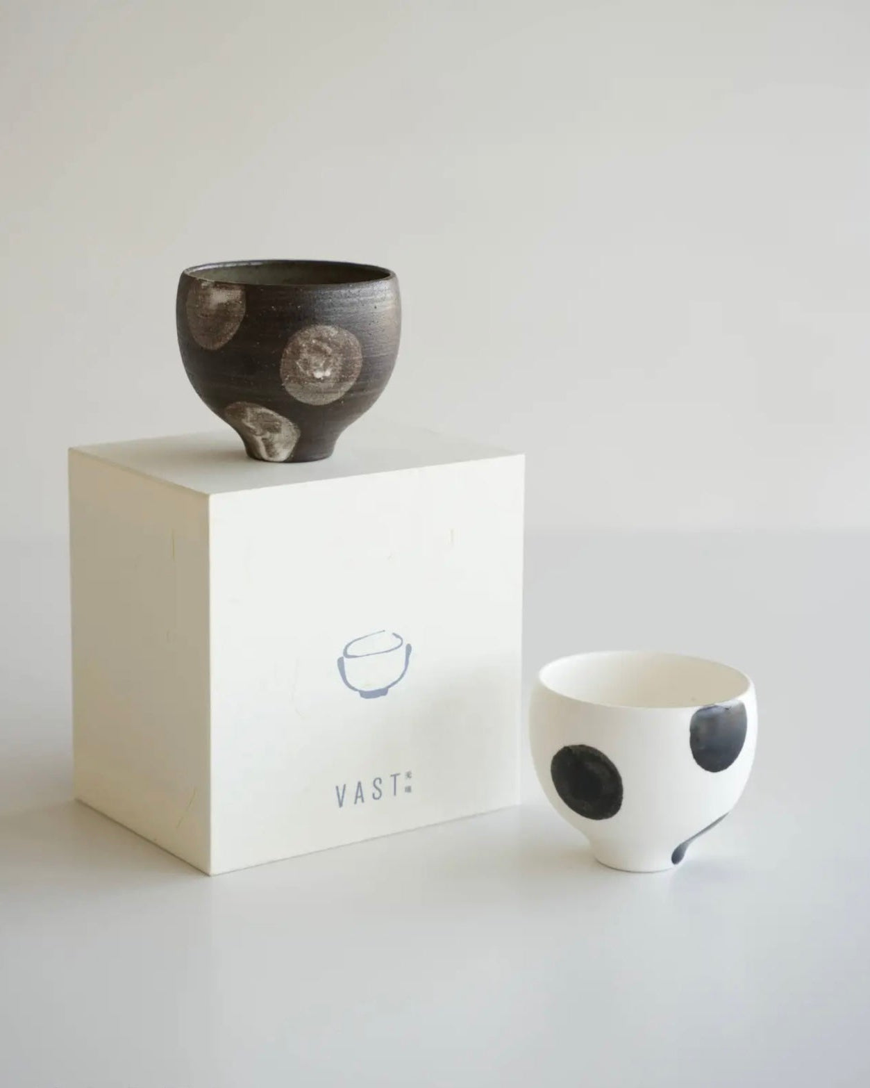 Two ceramic bowls with a white box labeled 'VAST' on a light gray background