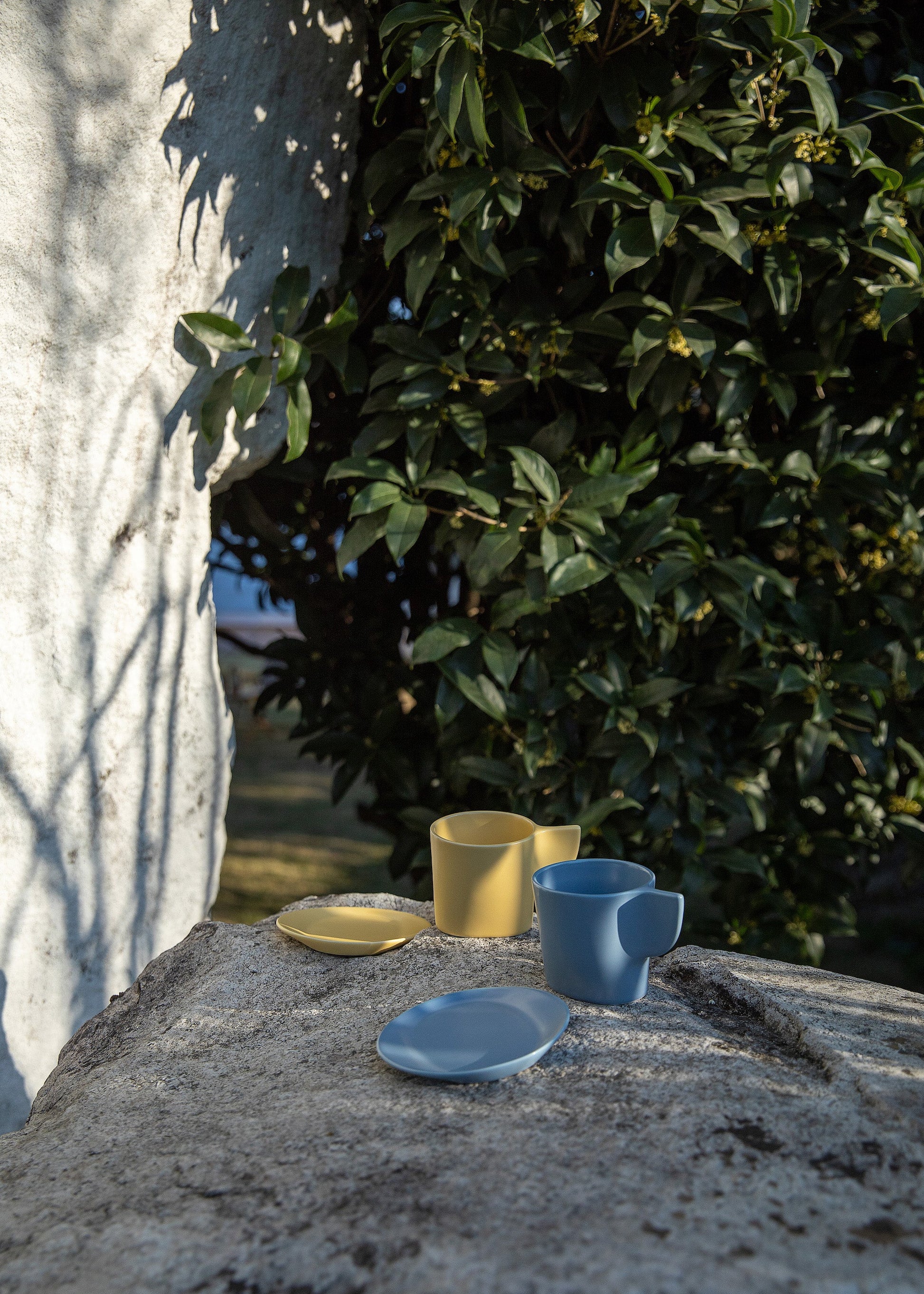 Colorful ceramic dishes on a stone surface with greenery in the background