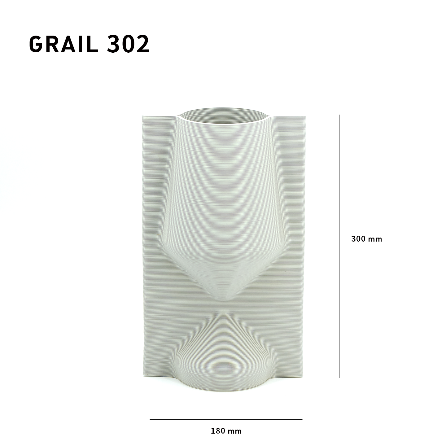 White vase with ribbed texture and measurements on a white background