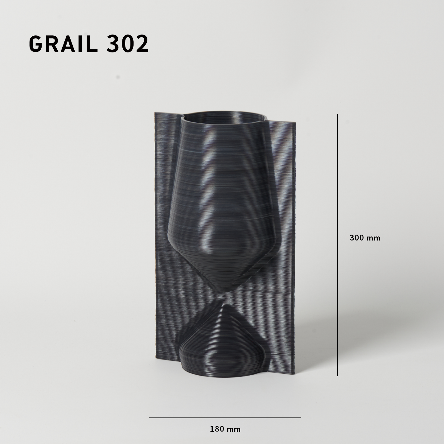 Black hourglass-shaped object with dimensions on a white background, labeled 'GRAIL 302'.
